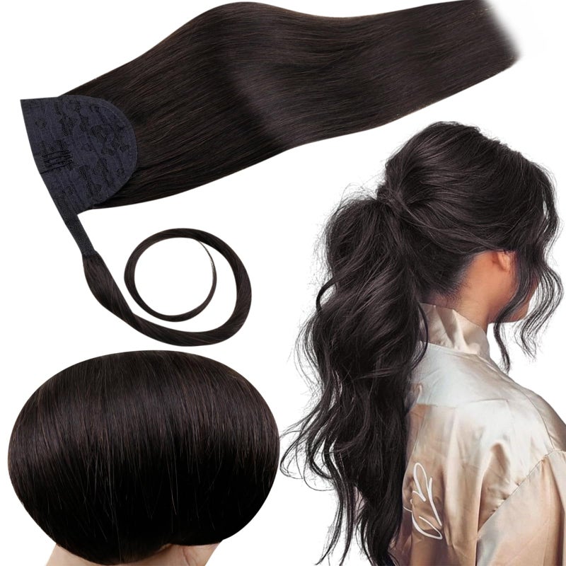 RUNATURE Ponytail Extension Human Hair, 14 Inch 70g Real Human Hair Ponytail, Striaght Natural Hairpiece with Wrap Around Magic Paste, Daily Wear, Easy to Install, #1B Off Black #1B Off Black - Image 1